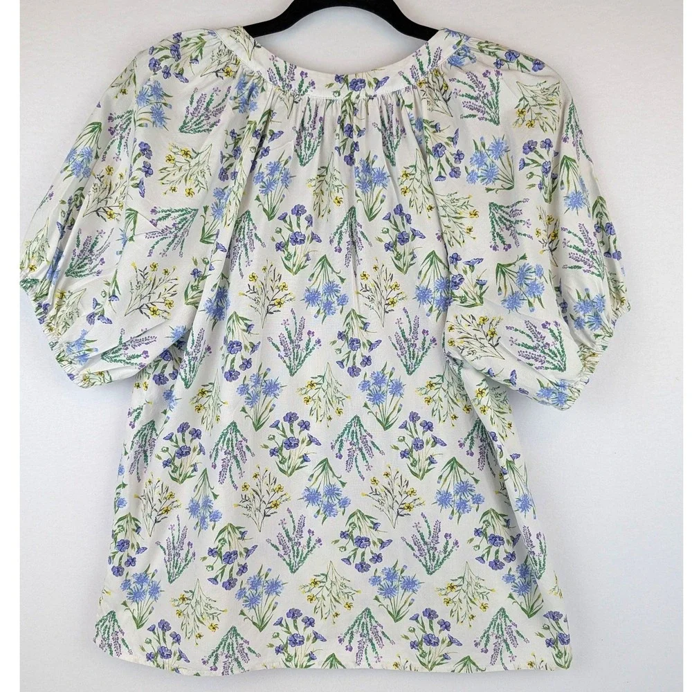 LOFT Blue Floral Dobby Stripe Smocked Puff‎ Sleeve Blouse Top Medium Bundle of 2